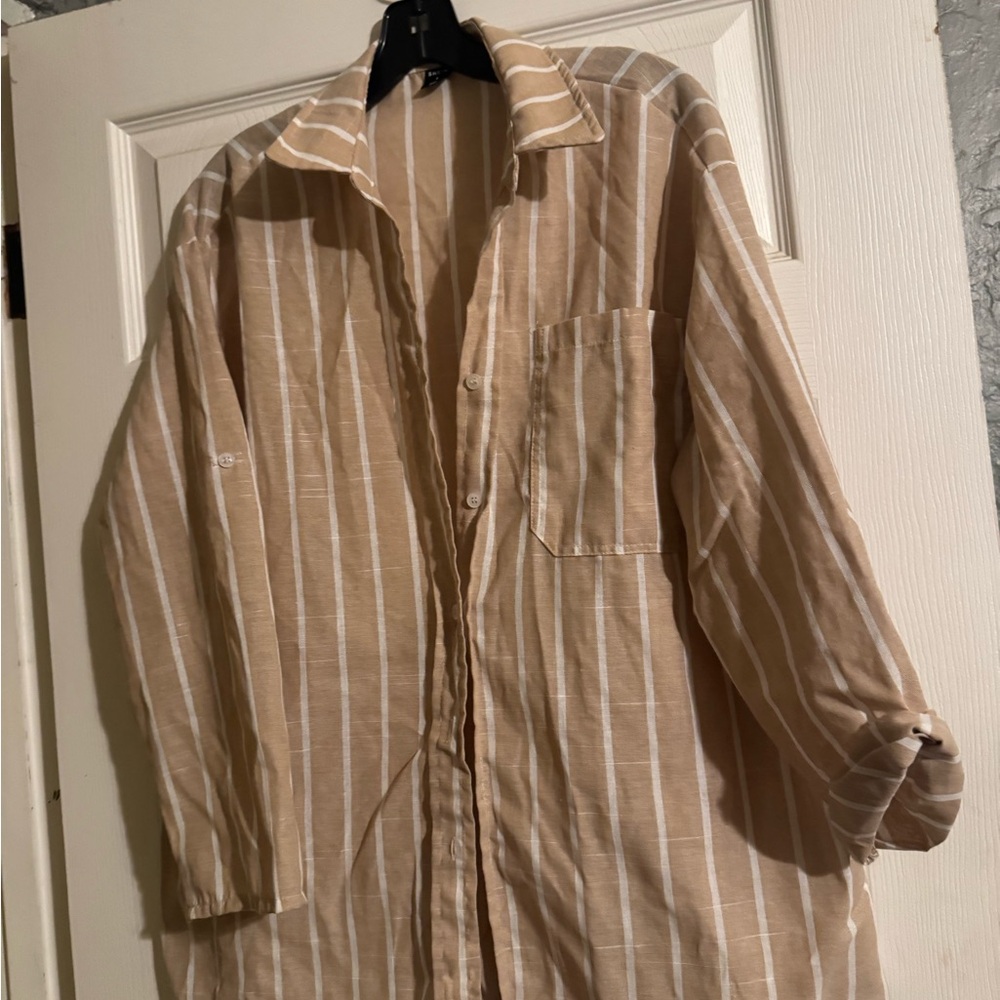 SHEIN Tan Striped Button Down Shirt
